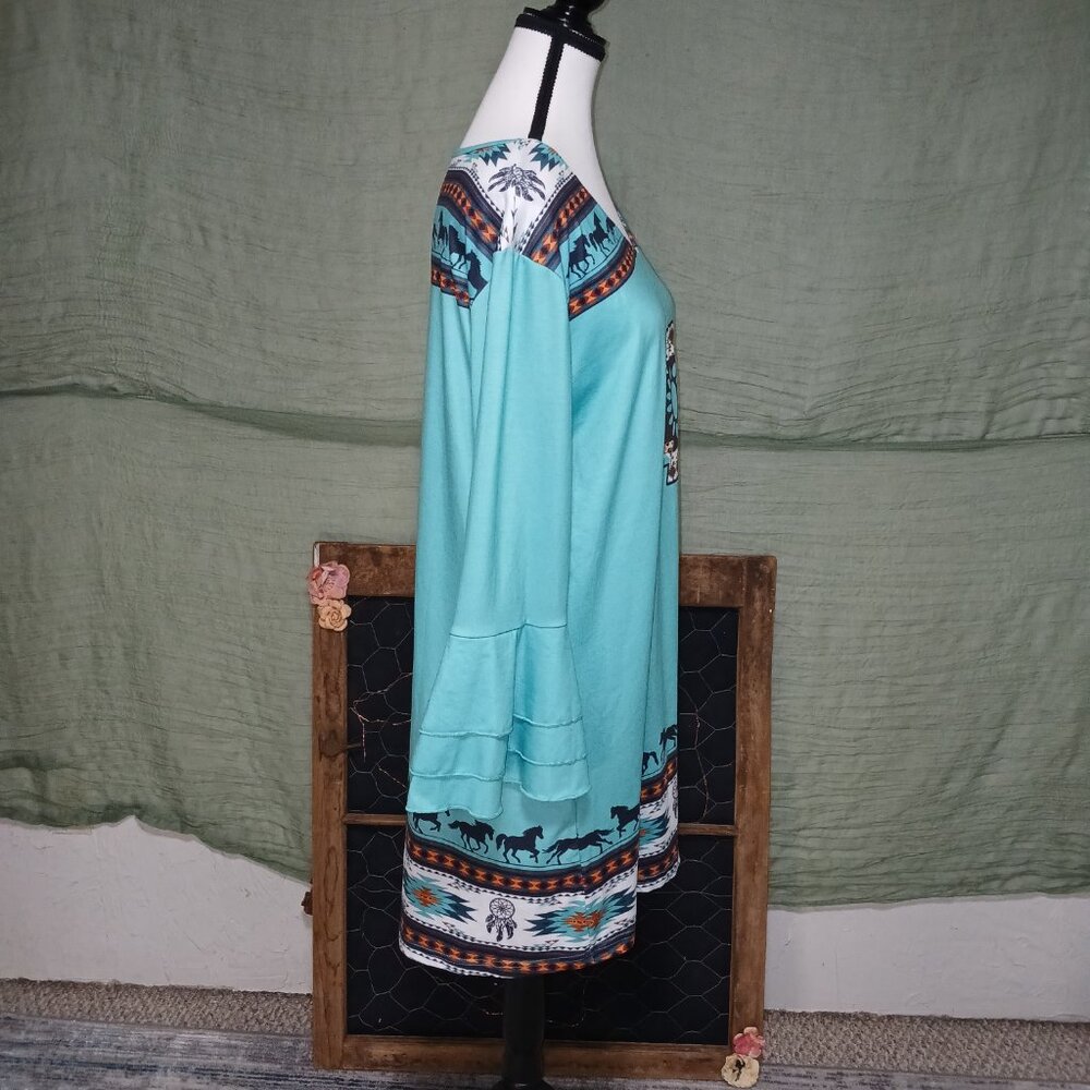 Southwestern Turquoise Graphic Dress • XXL • Horse & Feather Border - Picture 2 of 5